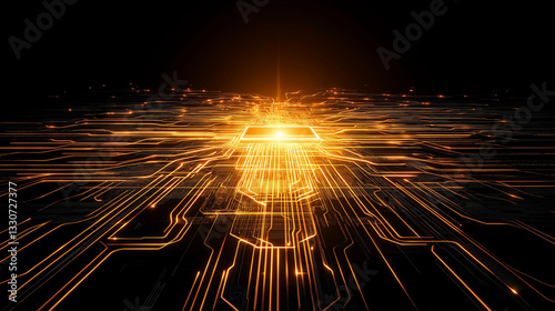 Digital Power: This image is a close-up, representing digital data flow through the motherboard, radiating light. This scene might bring up the advanced technology, data, and futuristic concepts.