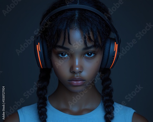 Girl with headphones for dark moody portrait.