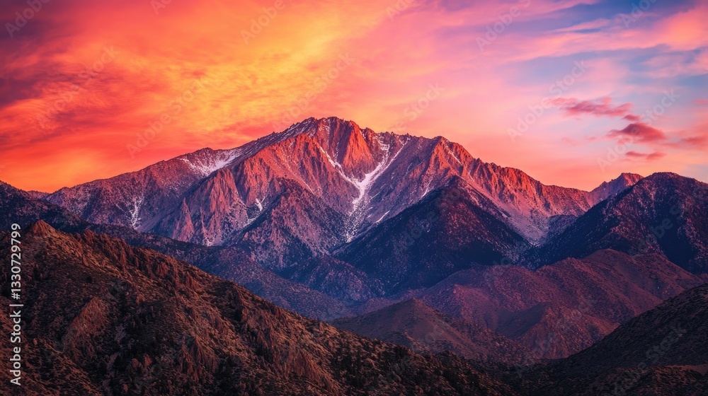 Obraz premium A vast mountain range with a dramatic red sky at sunset, rugged peaks standing out against the vibrant colors