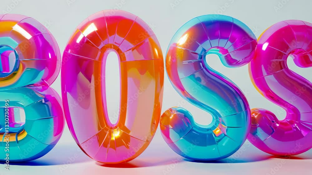 Vibrant transition of colorful inflatable letters forming the word boss in a 3d space