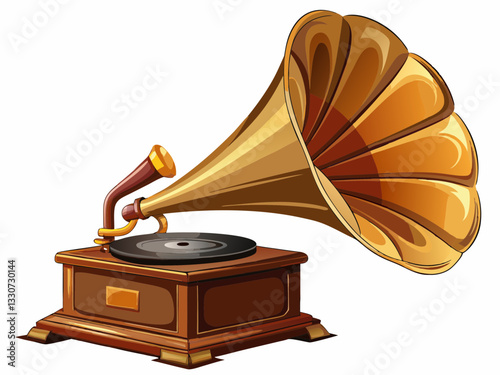 vector of  side view antique brass and wooden gramaphone on white background,copy space