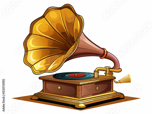 vector of  side view antique brass and wooden gramaphone on white background,copy space