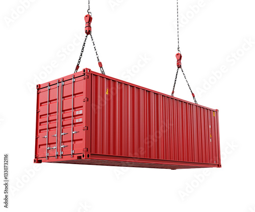 Red Shipping Container Suspended by Cranes Over White Background