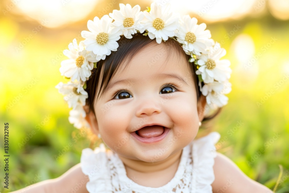 Happy summertime concept art. Golden hour in sunset. Happy caucasian toddler girl with black hair wearing white flower crown on her head. Smiling girl in a sunlit meadow. Happy little traveler. Happy summertime concept art. Golden hour in sunset. Happy caucasian toddler girl with black hair wearing white flower crown on her head. Smiling girl in a sunlit meadow. Happy little traveler.