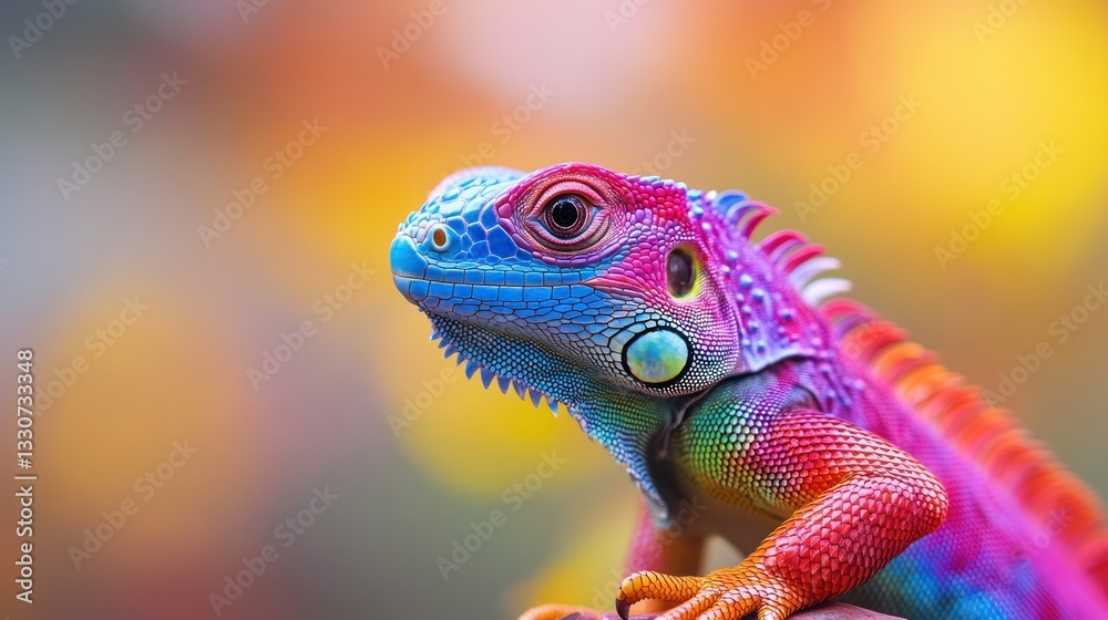 Fototapeta premium Vibrant iguana portrait, colorful bokeh background