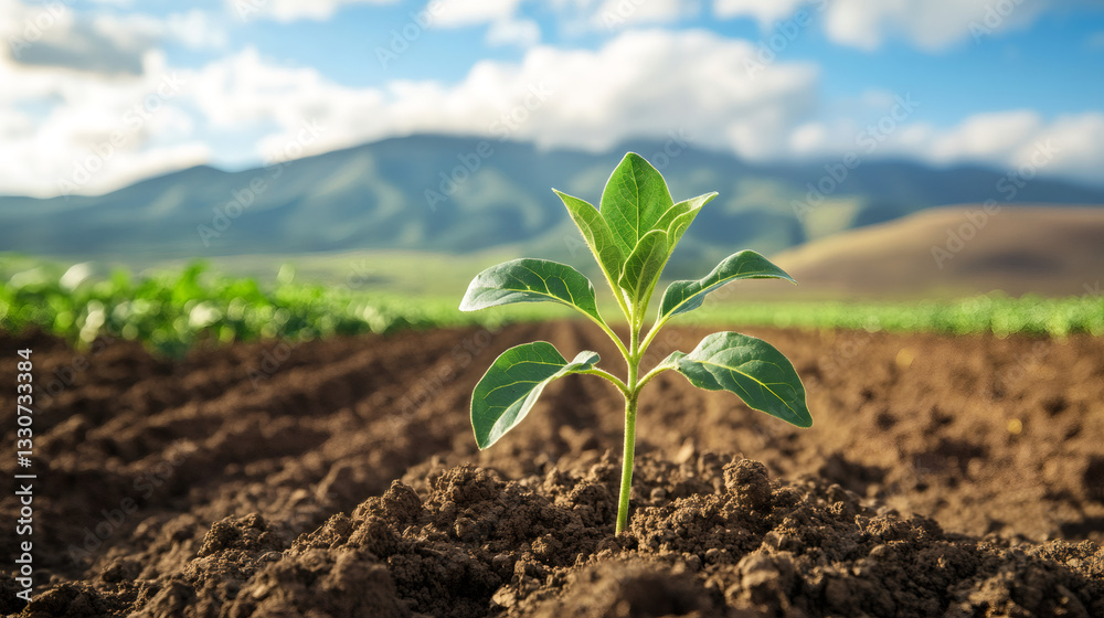 Green sprout emerging from rich, dark soil, symbolizing agricultural renewal and potential Green sprout emerging from rich, dark soil, symbolizing agricultural renewal and potential