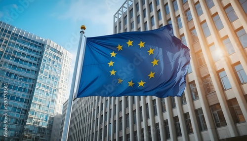 European Union flag waving outside government headquarters symbolizing unity law and governance