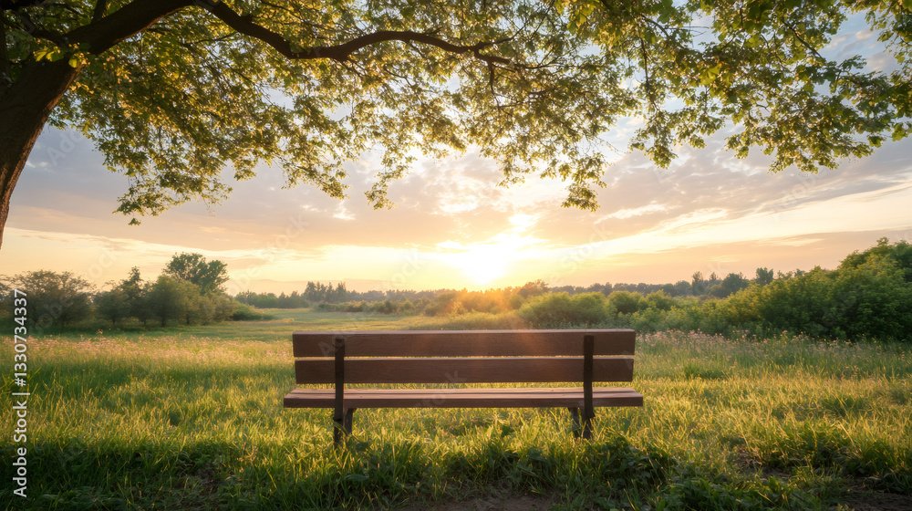 Weathered wooden bench nestled beneath spreading tree branches, framing golden sunrise washing over verdant meadow landscape Weathered wooden bench nestled beneath spreading tree branches, framing golden sunrise washing over verdant meadow landscape