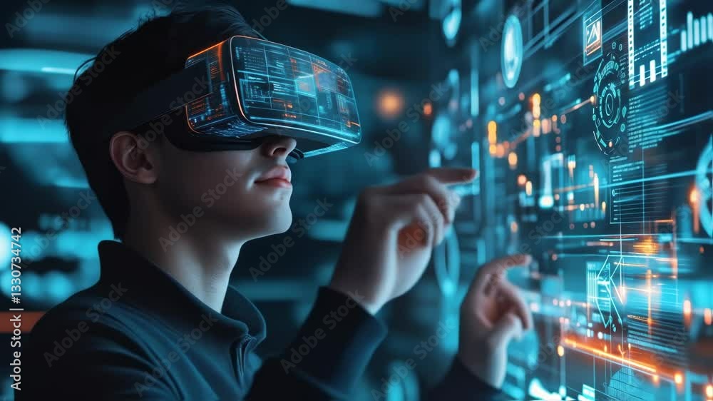 Software engineer wearing a vr headset interacts with a transparent digital screen, manipulating and analyzing data visualized as charts and graphs in a dark room Software engineer wearing a vr headset interacts with a transparent digital screen, manipulating and analyzing data visualized as charts and graphs in a dark room