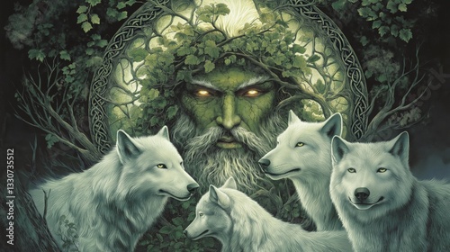 The Green Man Surrounded by White Wolves in a Mystical Ancient Forest, Embodying Nature’s Spirit