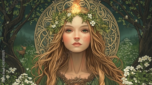  The May Queen in a Sacred Grove, Wearing a Floral Crown and Illuminated by a Divine Flame, Symbolizing Beltane’s Feminine Energy photo