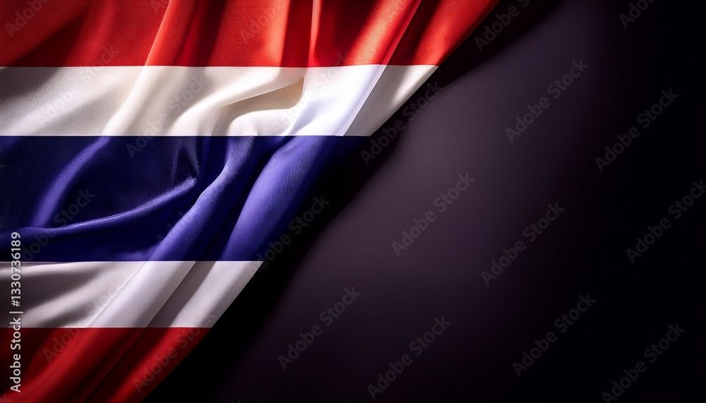 Contrast the Thailand flag's dark background. A vibrant depiction of the Thai flag draped elegantly against a dark background Contrast the Thailand flag's dark background. A vibrant depiction of the Thai flag draped elegantly against a dark background