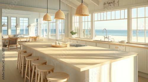 Wallpaper Mural A serene coastal kitchen featuring a spacious island with a light oak countertop, surrounded by whitewashed cabinetry and natural wood accents Torontodigital.ca