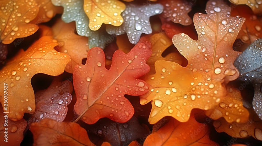 Dew Covered Autumn Oak Leaves Displaying Vibrant Colors Dew Covered Autumn Oak Leaves Displaying Vibrant Colors