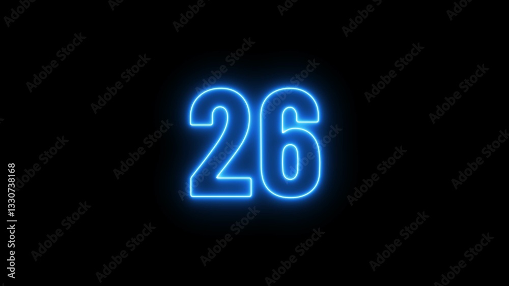 Abstract glowing neon text countdown 26 number illustration background 4K. Abstract glowing neon text countdown 26 number illustration background 4K.