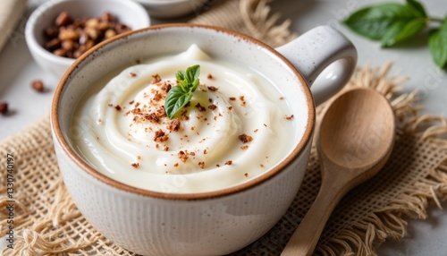creamy Bulgarian yogurt in a ceramic mug with fresh mint and crushed nuts, traditional probiotic dairy product served on a rustic table with natural ingredients