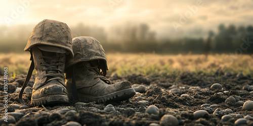 Military Boots and Helmet in Field - Tactical Gear Outdoors