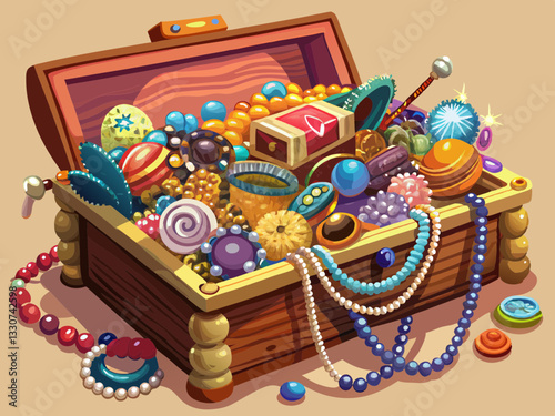 vector of  Overflowing wooden jewelry box full of necklaces, bracelets, and other assorted jewelry