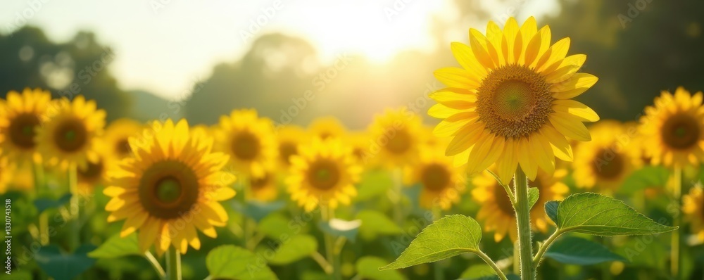 Fototapeta premium Tall sunflowers in a summer field, hazy sunlight , tall, plant, sun