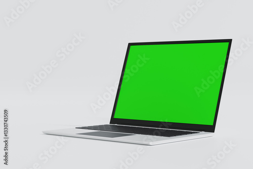 Laptop open to show green screen and close up display, application website present, 3D rendering