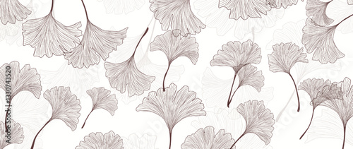 Botanical art background with transparent ginkgo leaves hand drawn in line art style. Plant banner for decor, print, textile, greetings, wallpaper, interior.