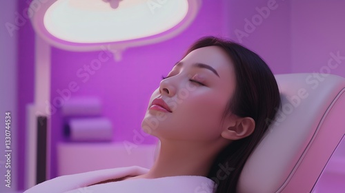 Young Asian Woman Relaxing in a High-Tech Beauty Clinic with Soft Purple Lighting
