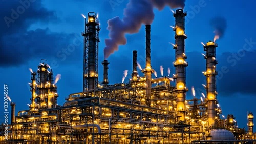 oil refinery as an industrial estate and Steel pipe factory equipment in the petroleum industry producing upstream oil and gas as a background