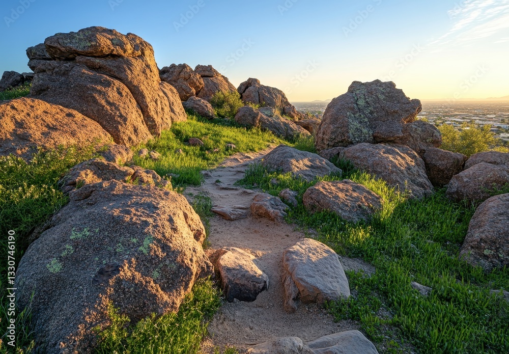 Obraz premium Scenic Rocky Pathway Through Lush Greenery on Sunlit Hill with Expansive View of Cityscape at Dusk, Beautiful Outdoor Landscape Photography