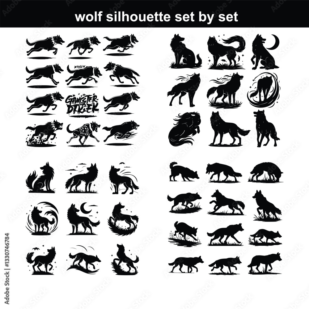 Naklejka premium Wolf silhouette set. silhouette set vector. Adult wolf silhouette collection on a white background Black wolf silhouette cutout icon set. Flat vector wolf animal collection isolated on transparent bl
