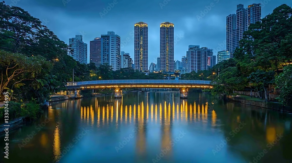 Fototapeta premium Urban parkland at twilight. A serene bridge over a calm canal, reflecting the illuminated buildings in the city skyline. Lush greenery surrounds the water's edge