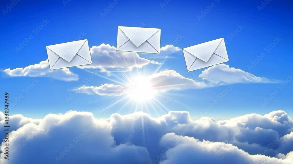Clouds and sunlight create a serene backdrop for floating envelopes in a bright blue sky