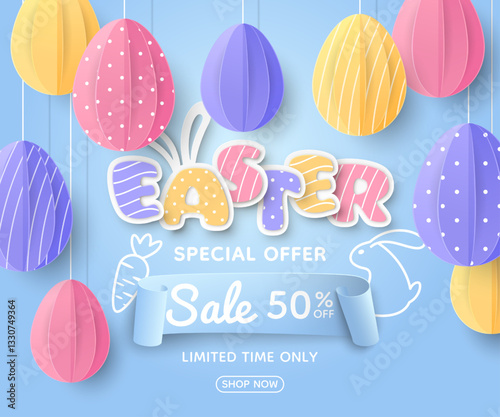 Cute sale banner with realistic paper-style decorations. Coloured eggs, a drawn rabbit and carrot, 3D inscription of Easter with bunny ears and a ribbon on a blue background. A discount offer template