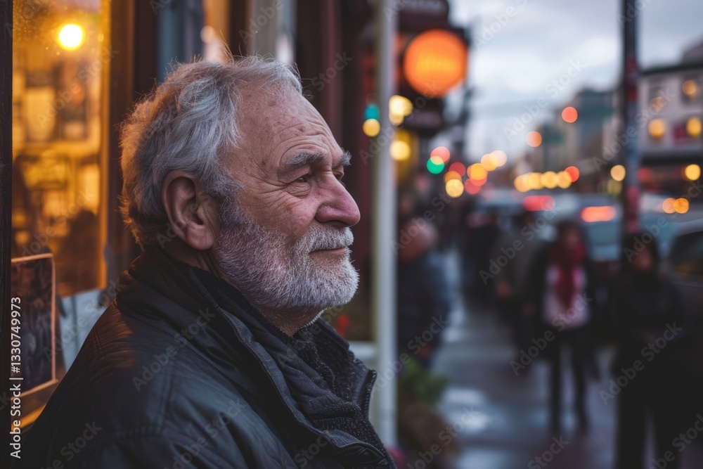 Portrait of an old man with gray hair and beard on the street at night.