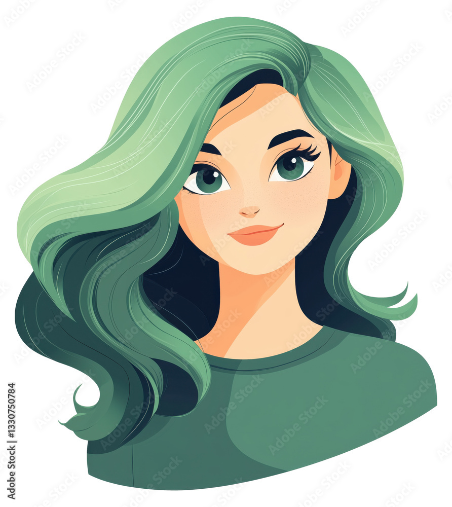Woman with vibrant green hair and expressive eyes smiling softly, cartoon character isolated on transparent background. Woman with vibrant green hair and expressive eyes smiling softly, cartoon character isolated on transparent background.