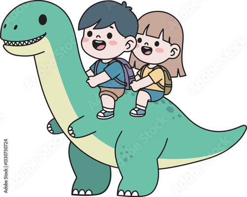 Cute kid riding dinosaur cartoon illustration