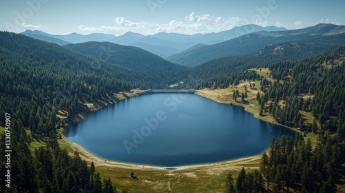 Serene mountain lake nestled in a valley, surrounded by evergreen forests and distant mountains under a clear sky