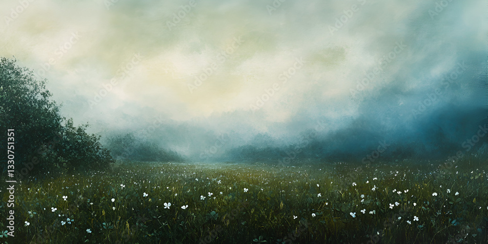 Naklejka premium Misty Morning Irish Countryside Landscape Foggy Rural Scene