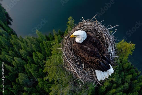 Aerial view of a bald eagle sheltering its eaglet in a nest on a cliff, overlooking a serene blue lake, surrounded by lush pines and misty mountains.