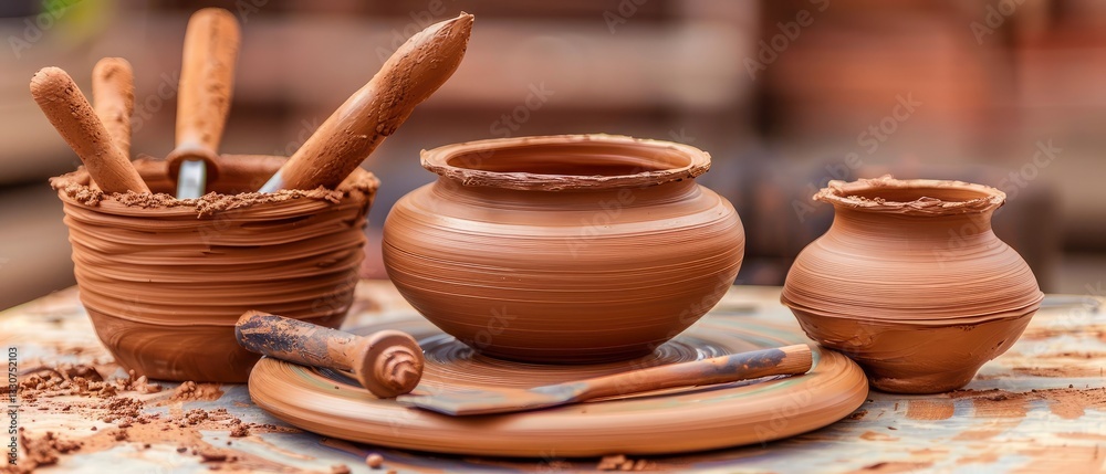 Artisan pottery creation in a workshop with clay vessels, tools, and textured surfaces in the background Artisan pottery creation in a workshop with clay vessels, tools, and textured surfaces in the background