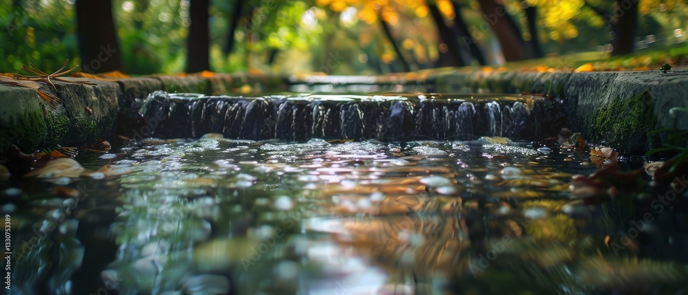 Fototapeta premium Tranquil stream flowing through a lush park in autumn, surrounded by colorful foliage and serene nature