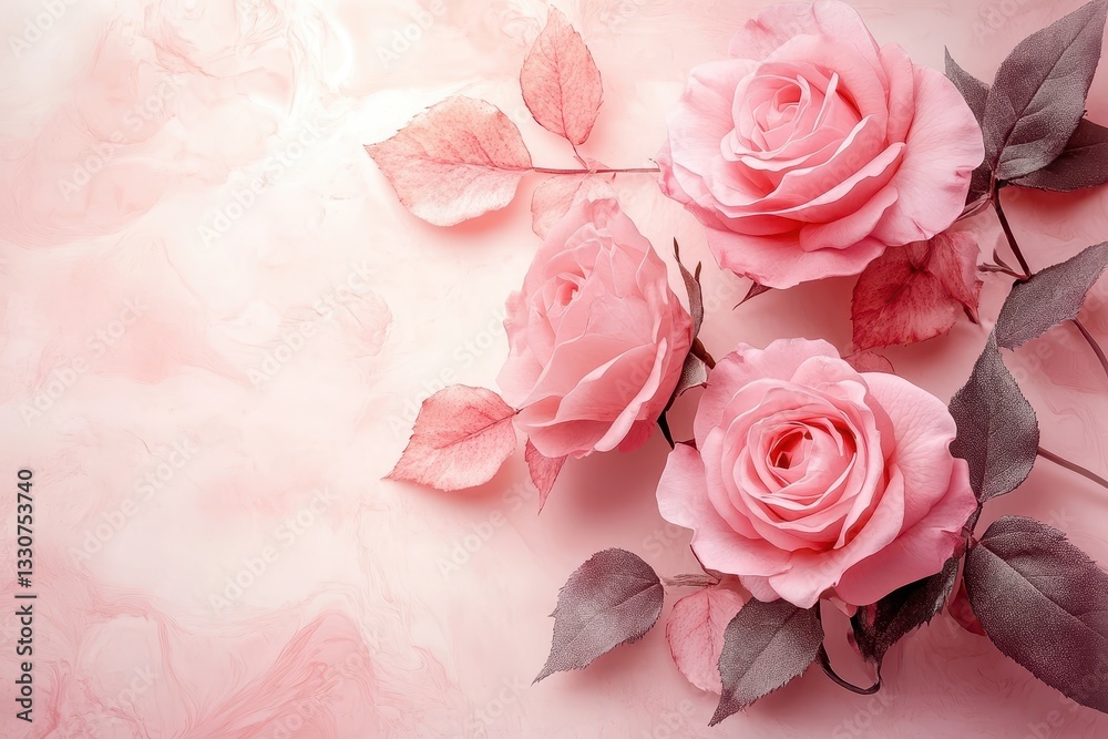 Fototapeta premium Three pink roses with leaves on pink background. Ideal for Valentine's, Mother's Day, or romantic designs.