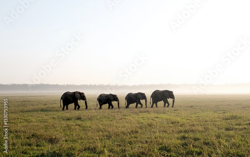 Four Elephants Walking In Misty Green Field At Dawn