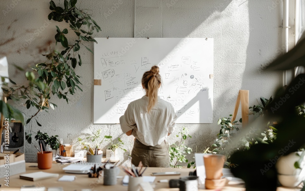 Woman Contemplating Abstract Art In Light Filled Studio Woman Contemplating Abstract Art In Light Filled Studio