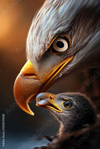 Bald Eagle Feeding Eaglet in Nest: Cinematic Wildlife Portrait with River Background, Capture of Parental Devotion and Nature's Tranquility in Golden Evening Light.