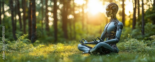 A humanoid robot sitting cross-legged in a serene forest, practicing meditation during sunset.