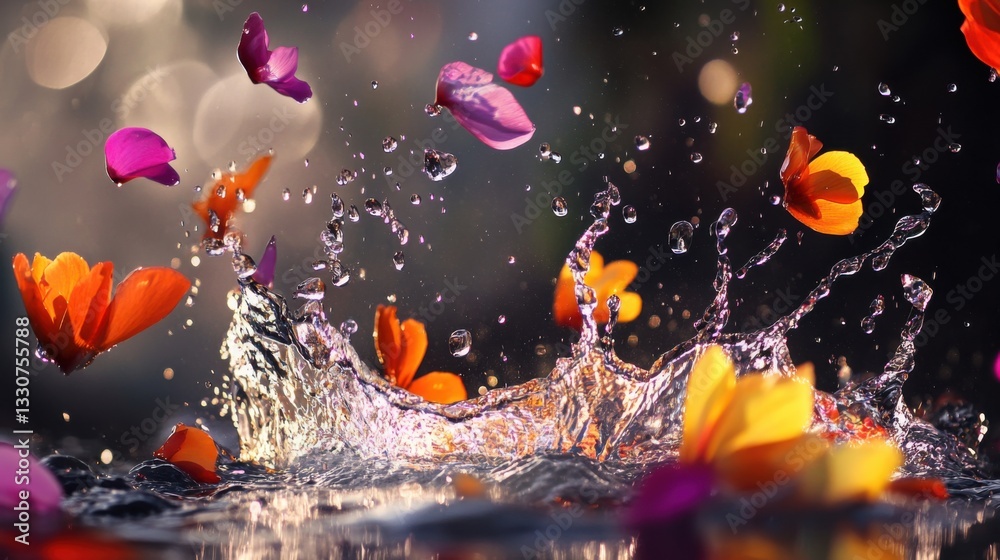 Vibrant Water Splash with Floating Petals, Capturing Joy and Celebration in Motion Vibrant Water Splash with Floating Petals, Capturing Joy and Celebration in Motion
