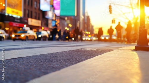 Crowds of pedestrians navigate a busy crosswalk as the sun sets, casting golden light on the bustling urban environment