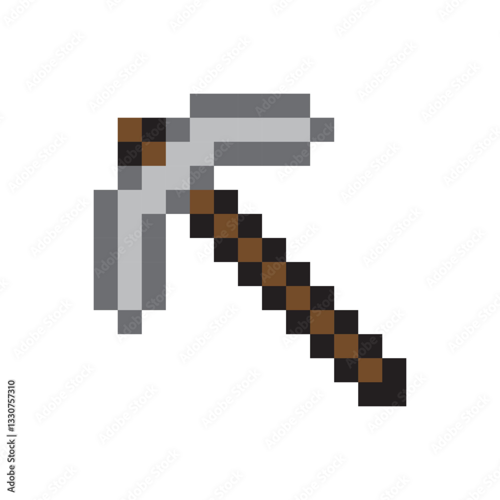 Pixel pickaxe icon. Mining tool symbol. Gray brown handle. Vector illustration. Pixel pickaxe icon. Mining tool symbol. Gray brown handle. Vector illustration.