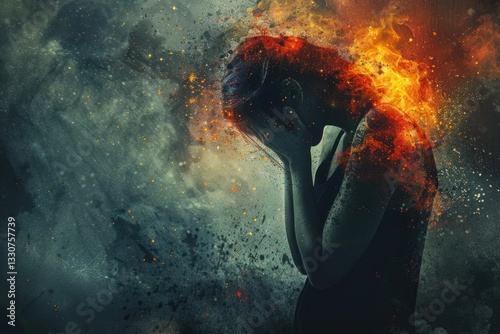 Creative depiction of female facing mental health distress - emotional turmoil, psychological health, artistic representation, distress expression, inner conflict, mental wellness, female experience.
