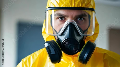 Protective hazmat suit worn by a person with a respirator in a controlled environment during an emergency or safety procedure